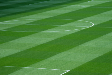 Obraz premium Background Texture of International-Standard Football Pitch with Striped Grass and Field Lines Under Clear Conditions