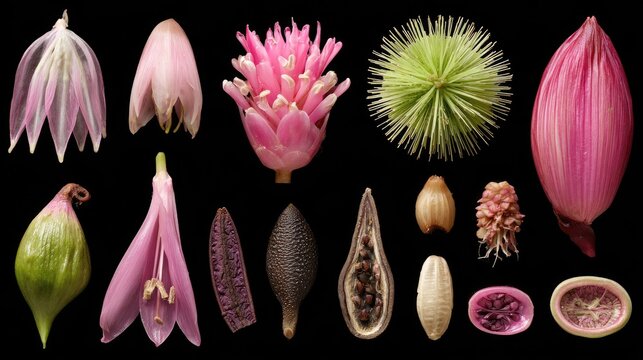 Various floral structures and seed pods arranged against a dark background for comparative study