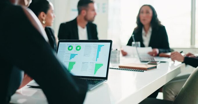 Hands, laptop and team with question at office meeting with charts, review and insight at finance company. Business people, computer and gesture for feedback, graphs and stats at investment agency