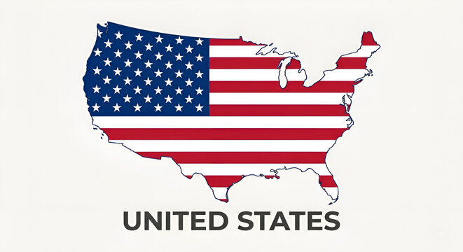 Accurate map shape of the United States filled with the American national flag pattern, stars and stripes flag texture inside the country map silhouette