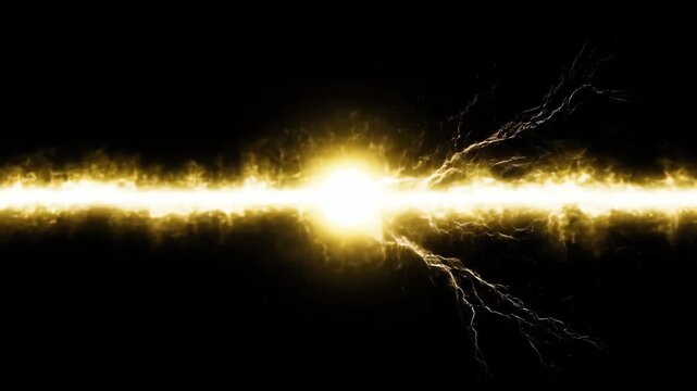 Energy Light Beam with Glowing Yellow Plasma and Electric Lightning Discharges on a Black Background