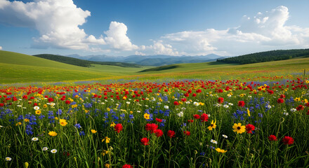 Fototapeta premium vibrant wildflower meadow with colorful blooms under blue sky