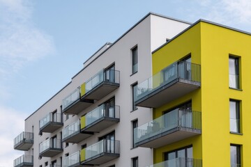 Fototapeta premium Contemporary apartment complex with yellow accent facade and repeating balconies featuring glass railings and geometric modern design