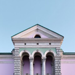 Obraz premium Mint and lilac classical pediment with triple arches corinthian columns rusticated piers and pale blue sky monumental facade frontal view