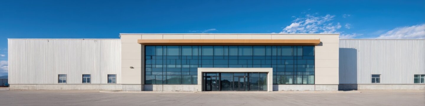 Modern industrial building with glass curtain wall central entrance flat roof white cladding minimalist commercial architecture clear sky