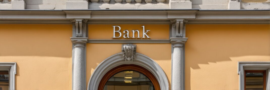 Bank columns yellow classical entrance facade arched doorway decorative keystone pilaster balanced composition with warm ochre walls and architectural detailing