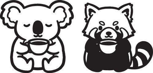 Koala and red panda holding coffee cups side by side © GraphicGrove