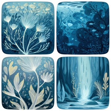 Four Designs Show White Ceramic Icons in Shallow Tropical, Deep Ocean, Fresh River, and Misty Waterfall Settings in a 2x2 Grid Display