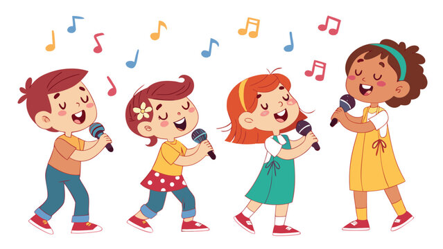 Harmonious Chorus: A quartet of cheerful children singing with microphones, surrounded by musical notes, their voices blending in a joyful symphony. 