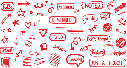 A vibrant collection of hand-drawn red doodles and journaling elements including arrows, hearts, stars, and functional text boxes. © crea8ive