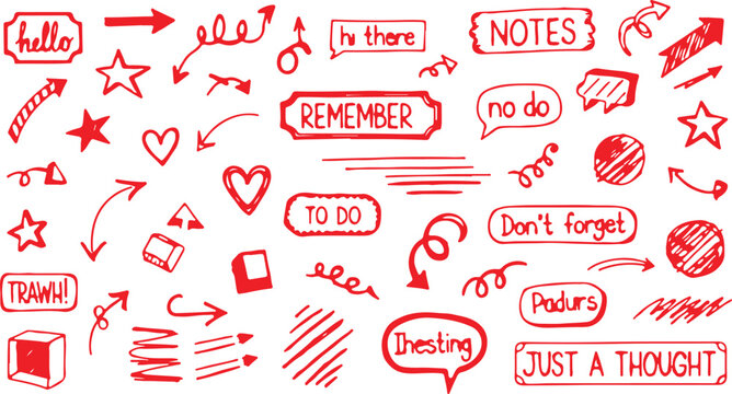 A vibrant collection of hand-drawn red doodles and journaling elements including arrows, hearts, stars, and functional text boxes.