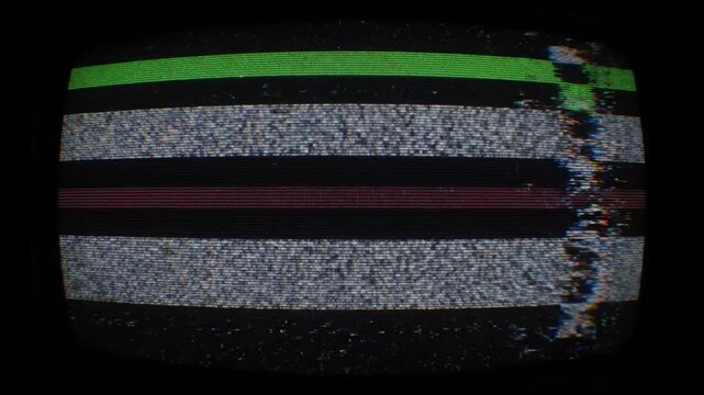 Static Heavy Analog Tv Screen Closeup with Colorful Horizontal Glitch Bands and Distortion Effect