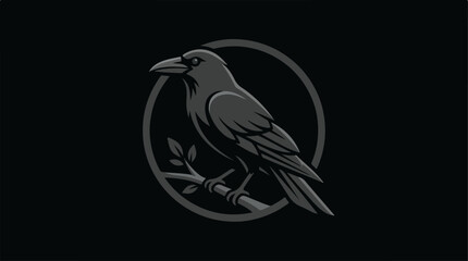 Obraz premium Raven perched on a branch inside a circular frame, dark art.