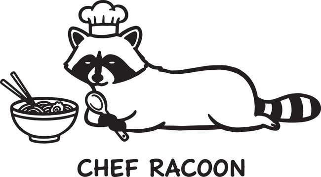 Racoon wearing chef hat holding spoon beside noodles
