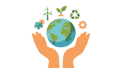 Fototapeta premium Protecting our planet conceptual illustration of hands holding Earth with symbols of sustainability and green energy