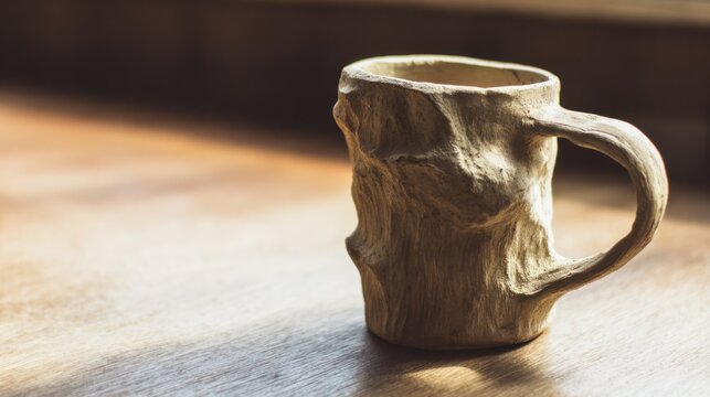 Rustic unglazed terracotta cup with a shallow irregular shape resting on a wooden table under soft natural lighting. bar menus, handcrafted goods display, designed for organic product storytelling