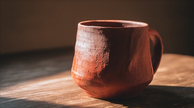 A handcrafted terracotta mug with an organic shape on a wooden table. bar promotions, beverage menus, designed for product packaging and bar promotions, elevates brand perception.