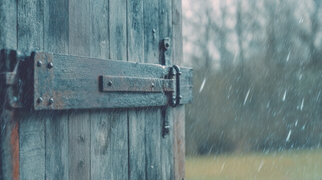 Weathered barn door with a heavy metal hasp swaying in a rainy atmosphere. real-estate listings, architecture portfolios, designed for architectural facade and classical detail presentations.