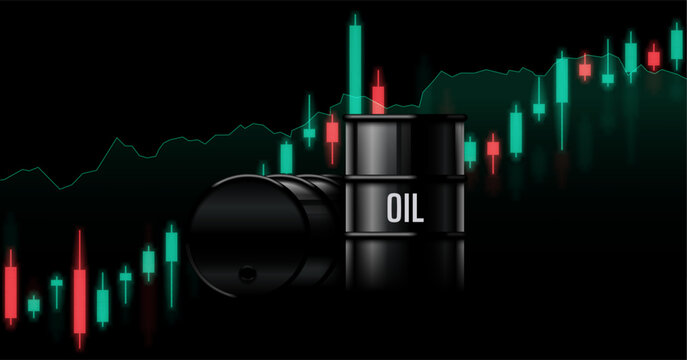 Market chart. Oil canister. Fuel price changes. Financial graph. Petroleum trading, cost fluctuations, energy market analysis and economic trends. Vector illustration.