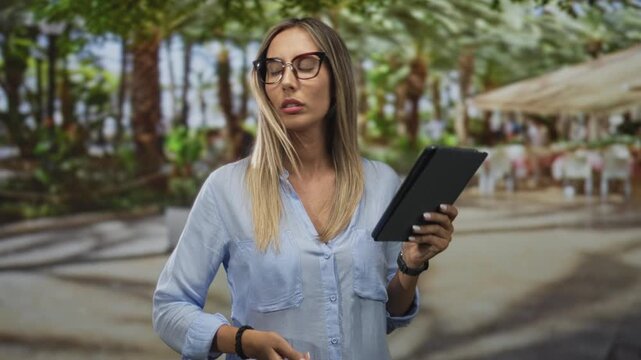 Woman wearing glasses holding tablet, tapping screen with fingers while standing near outdoor cafe tables in a forest setting; concentration.