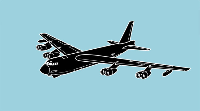 Silhouette of a B-52 Stratofortress bomber aircraft against a blue sky background.