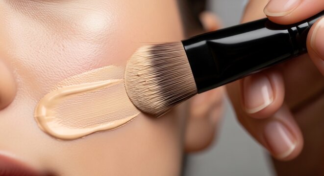 Close-up of makeup artist applying liquid foundation with a brush.