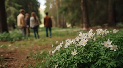 Obraz premium Serene forest clearing with blooming white wildflowers in the foreground and blurred figures walking in the background