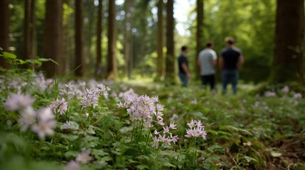 Fototapeta premium Serene forest floor adorned with delicate purple wildflowers and blurred figures in the background