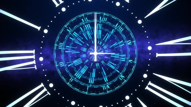 Fly through abstract modern blue clock dial with roman numerals. Concept of Infinite time, deadline, scheduling, time management, time travel, time and space, past, present and future.
