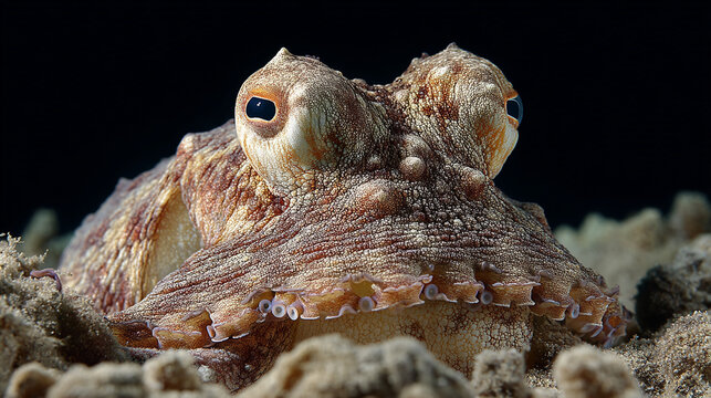 A camouflaged octopus resting on the ocean floor with its tentacles extended