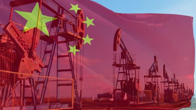 Oil pump jacks overlaid with the flag of China illustrate the national energy industry, petroleum production, and the country's economic development.