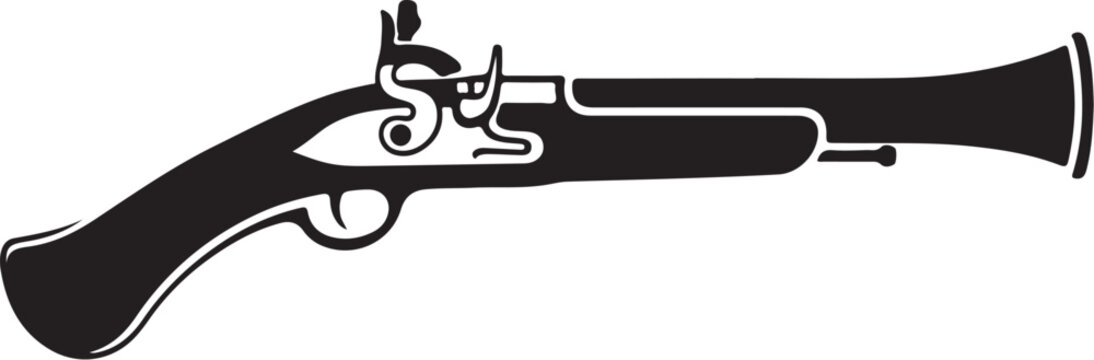 Vintage flintlock pistol, antique firearm, black and white vector, historical weapon, illustration