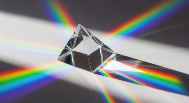 A clear glass pyramid prism disperses light into vibrant rainbow spectra on a white surface.