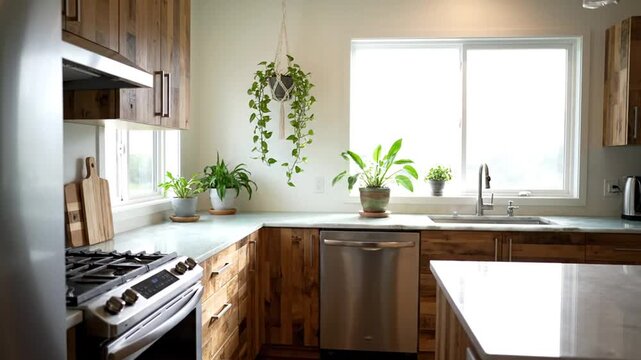 Kitchen with wooden pattern table and potted plants