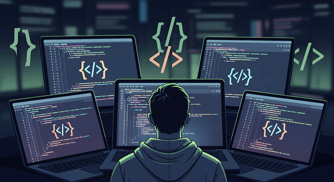 Hacker in front of computers.
