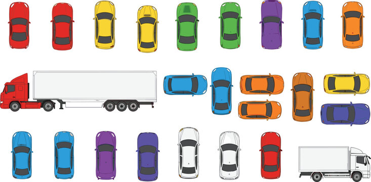 Top view vehicles vector set with colorful cars, trucks and transport elements in modern flat illustration style for traffic design