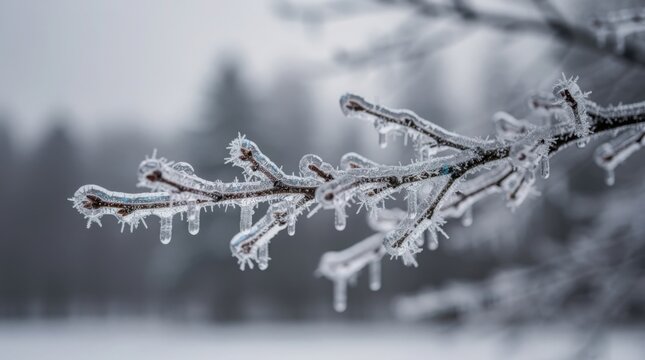 A close-up of tree branches covered in delicate ice crystals during a cold winter day, with a blurred snowy landscape in the background.