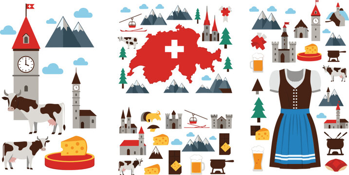 Switzerland travel and culture vector set with map, mountains, cheese, cows, traditional dress and landmarks