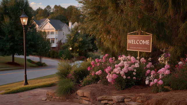 Handmade welcome sign decorates neighborhood street lamp near military housing, community celebration awaits returning service member, perfect for homecoming support unity, and contemporary reunion 