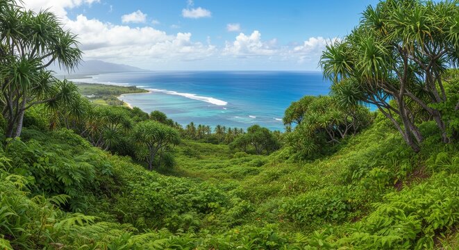 Lush green tropical landscape overlooking a beautiful blue ocean with waves breaking on a distant reef. Nature scene for travel marketing.