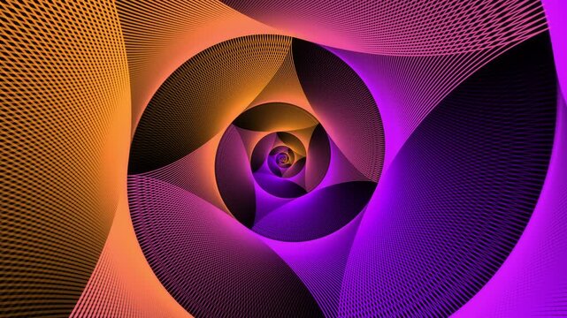 Minimal thin fluorescent spiral in infinite rotation. Funky holographic backdrop in retro style. Shiny fibonacci swirl in orange and purple neon colors. Seamless loop animation.