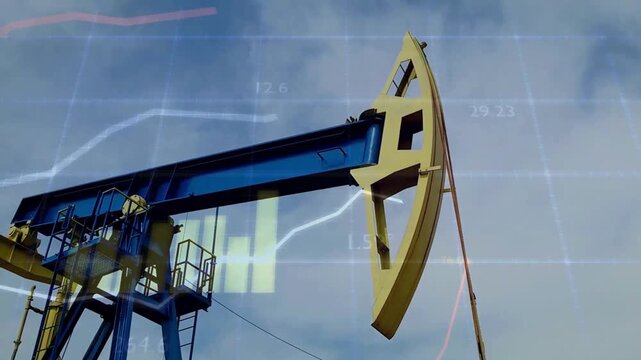 An industrial oil rig is superimposed on blurry stock market charts and digital data points, symbolizing the volatility and strategic importance of energy resources in the economy.