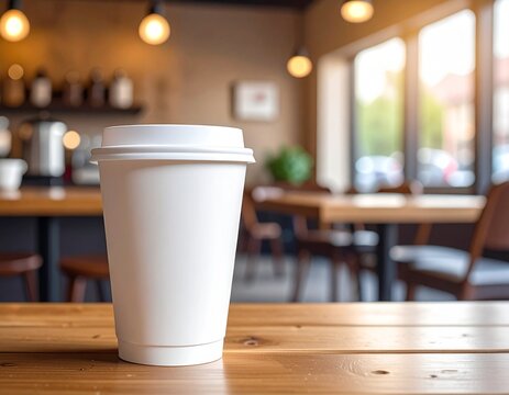 White coffee cup sits on a wooden table in a cafe