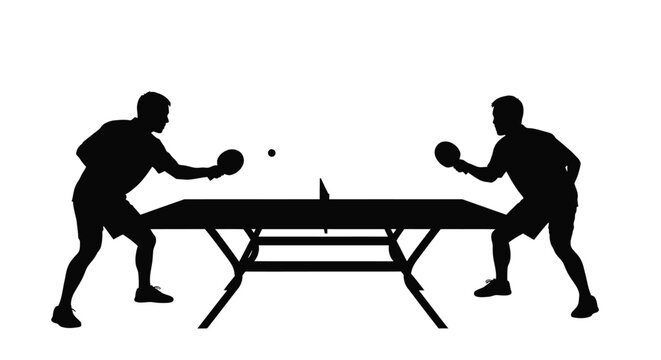 Two players engaged in a ping pong match a striking silhouette