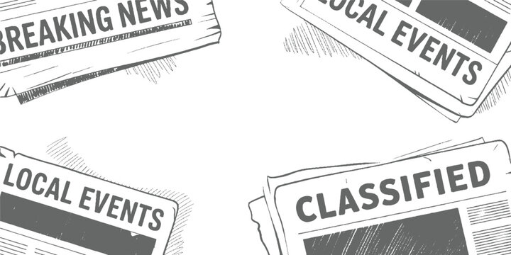 Four newspaper sections with headlines breaking news local events and classified ads