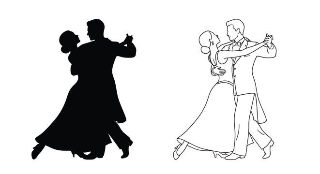 Elegant couples dancing one in stark black silhouette