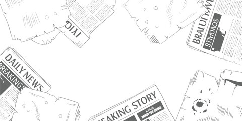 Obraz premium Hand drawn newspaper headlines and articles scattered across a white background breaking