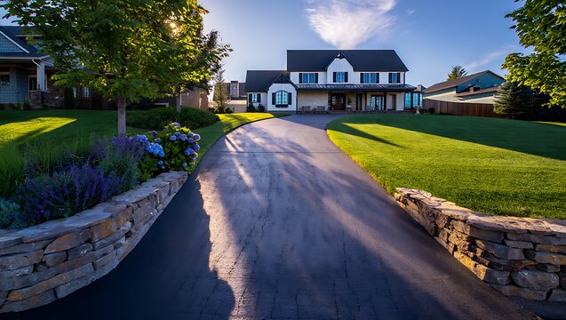 Freshly sealed asphalt driveway with glossy black surface showcasing smooth texture durability and modern residential maintenance concept perfect for construction background and infrastructure themes