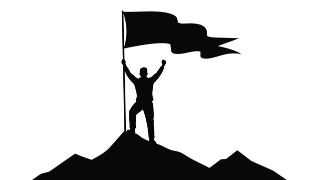Victorious person raising a flag atop a mountain silhouette