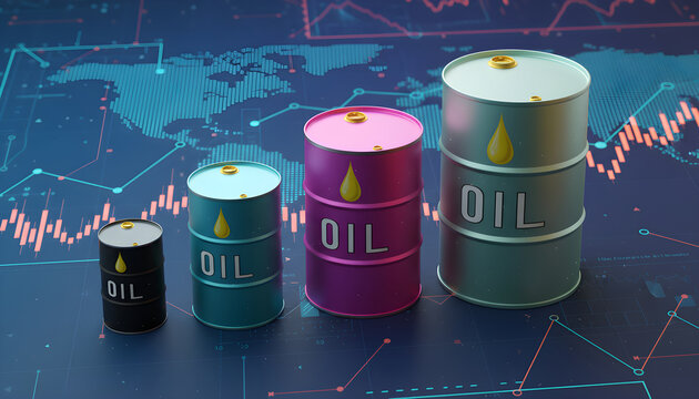 Oil barrels on digital world map background with financial charts, global commodity trading concept